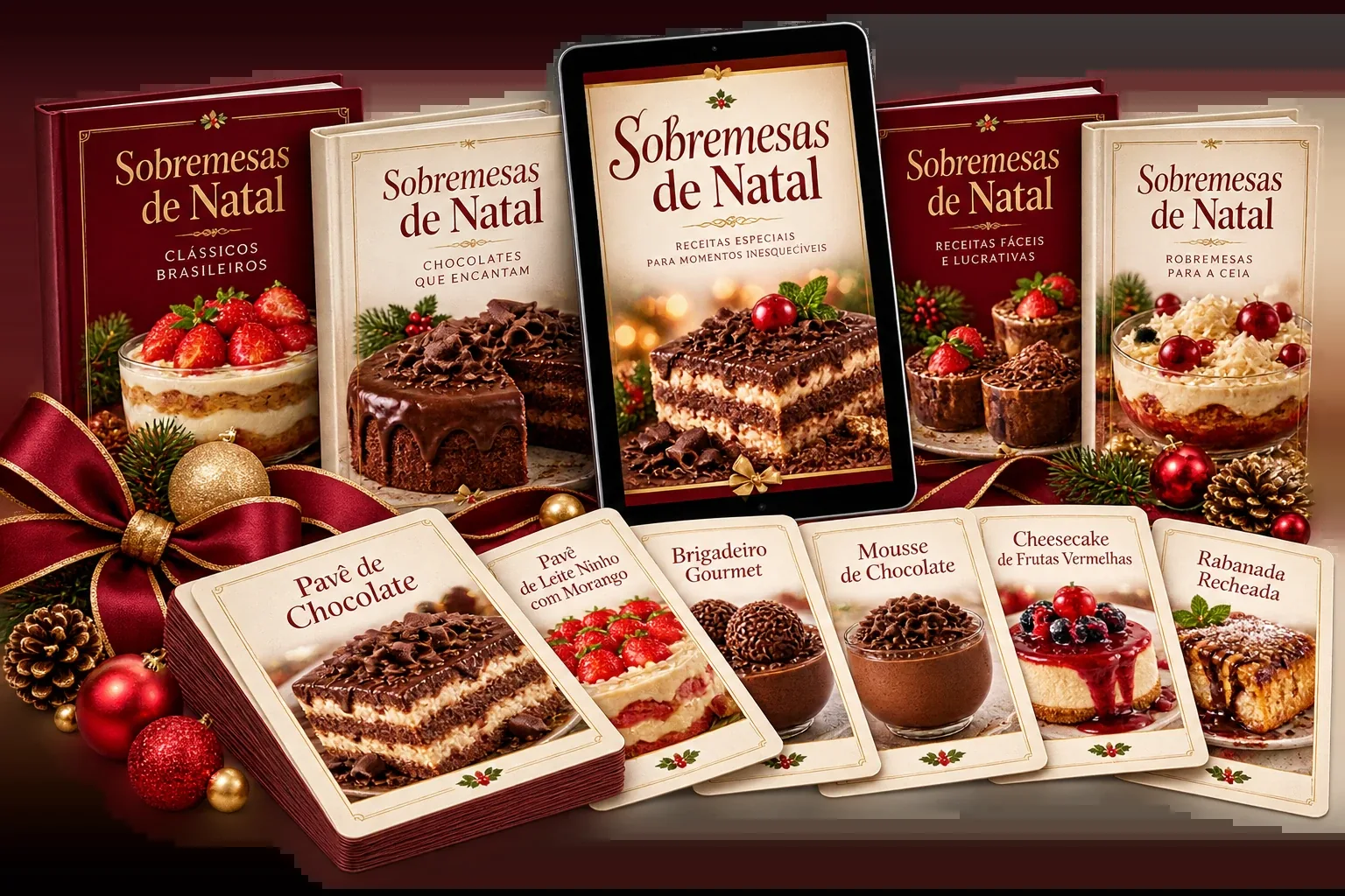 Mockup de livros e fichas do bônus Sobremesas de Natal