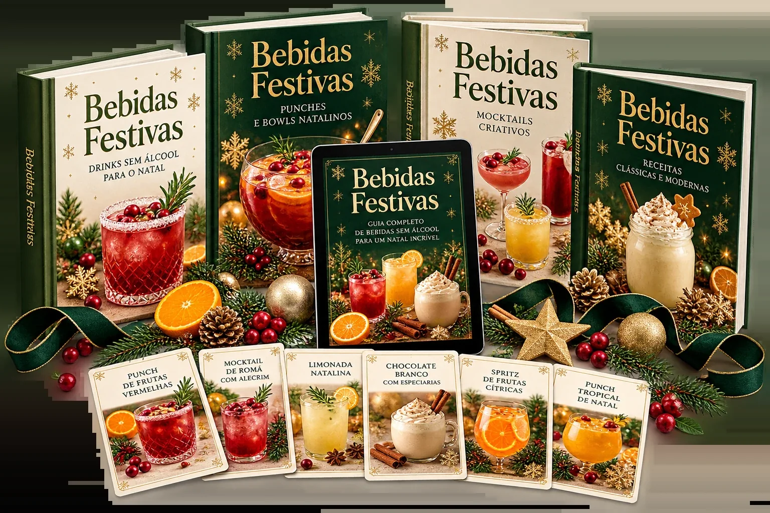 Mockup de livros e fichas do bônus Bebidas Festivas