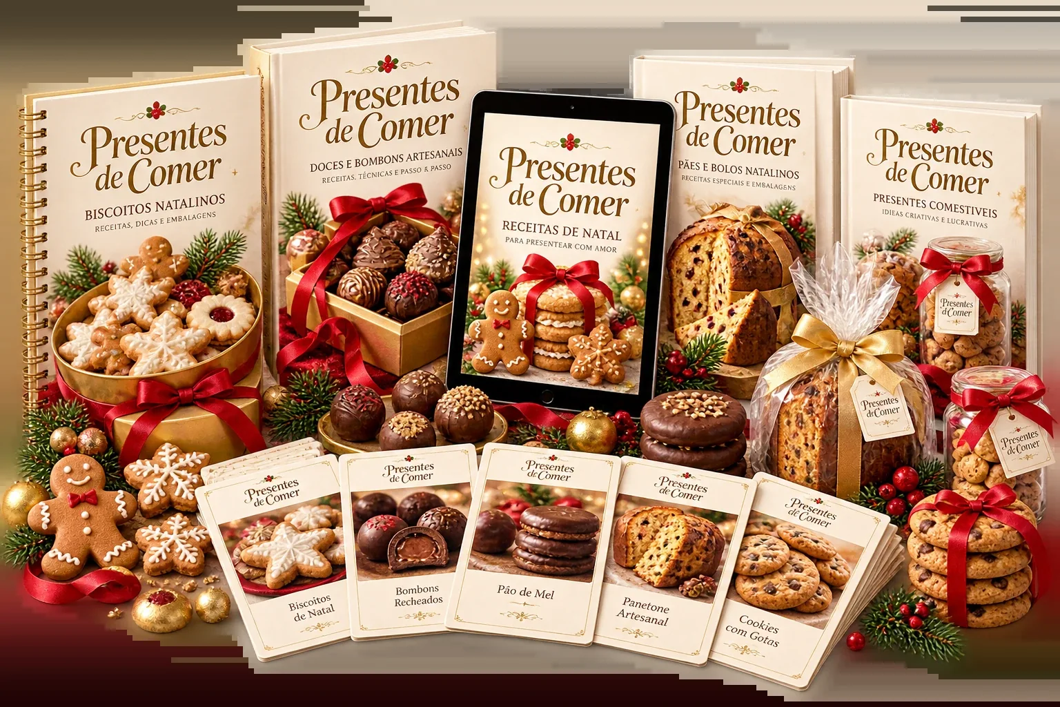 Mockup de livros e fichas do bônus Presentes de Comer