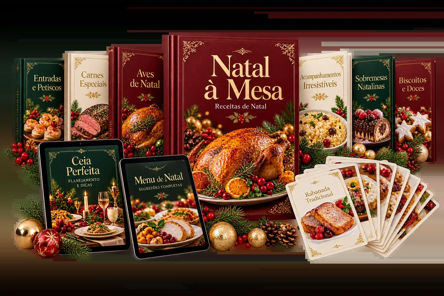 Mockup da coleção digital Natal à Mesa com livros, tablets e fichas de receitas